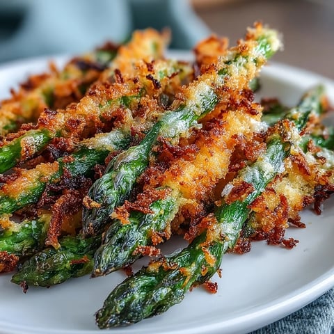 Golden-brown Crispy Chili-Garlic Asparagus Fries with a spicy breadcrumb crust and a drizzle of sriracha mayo dip.