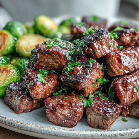 Golden-brown steak bites glistening in lemon garlic butter, served with charred, caramelized roasted Brussels sprouts.