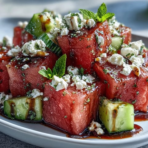 Freshly cubed Watermelon Feta Cucumber Salad with Balsamic Glaze, garnished with mint and ready for a summer picnic.