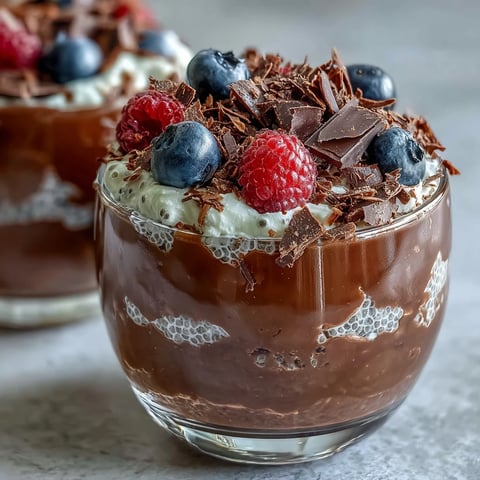 Clear parfait glasses showcase layers of rich chocolate chia pudding, airy coconut whip, and fresh raspberries.