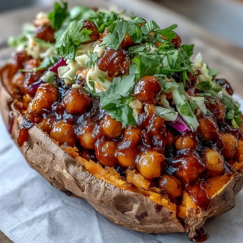 Vegan BBQ Chickpea Stuffed Sweet Potatoes topped with crunchy slaw and fresh cilantro for a hearty, plant-based dinner.