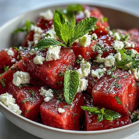 A vibrant bowl of 5-Ingredient Watermelon Feta Mint Salad with juicy red cubes, creamy white feta, and fresh green mint leaves.