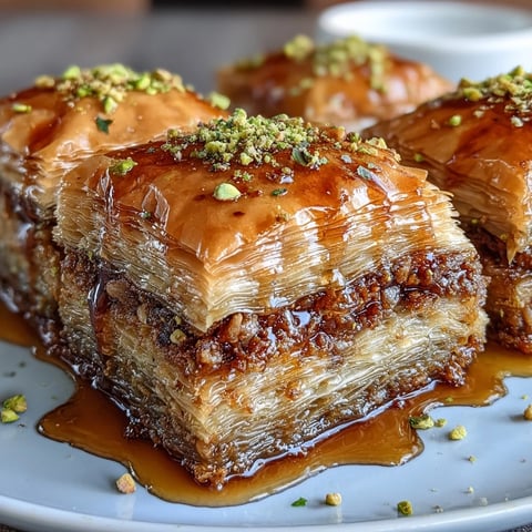 Golden Pistachio & Honey Baklava with crispy phyllo layers and chopped pistachios, drizzled with fragrant honey syrup.