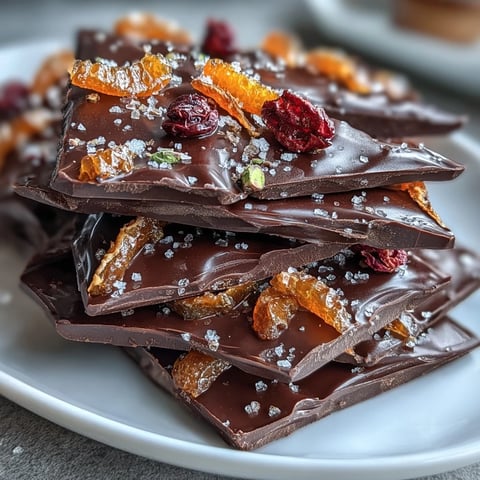 Decadent dark chocolate bark topped with vibrant candied orange peel and a sprinkle of sea salt.  