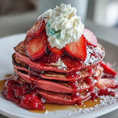 Fluffy pink pancakes with beetroot and strawberry compote, topped with whipped cream and fresh berries.  
