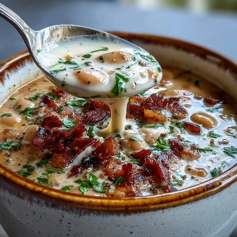 Creamy Ham and White Bean Soup with Herbs in a rustic bowl, garnished with fresh parsley and cracked black pepper.