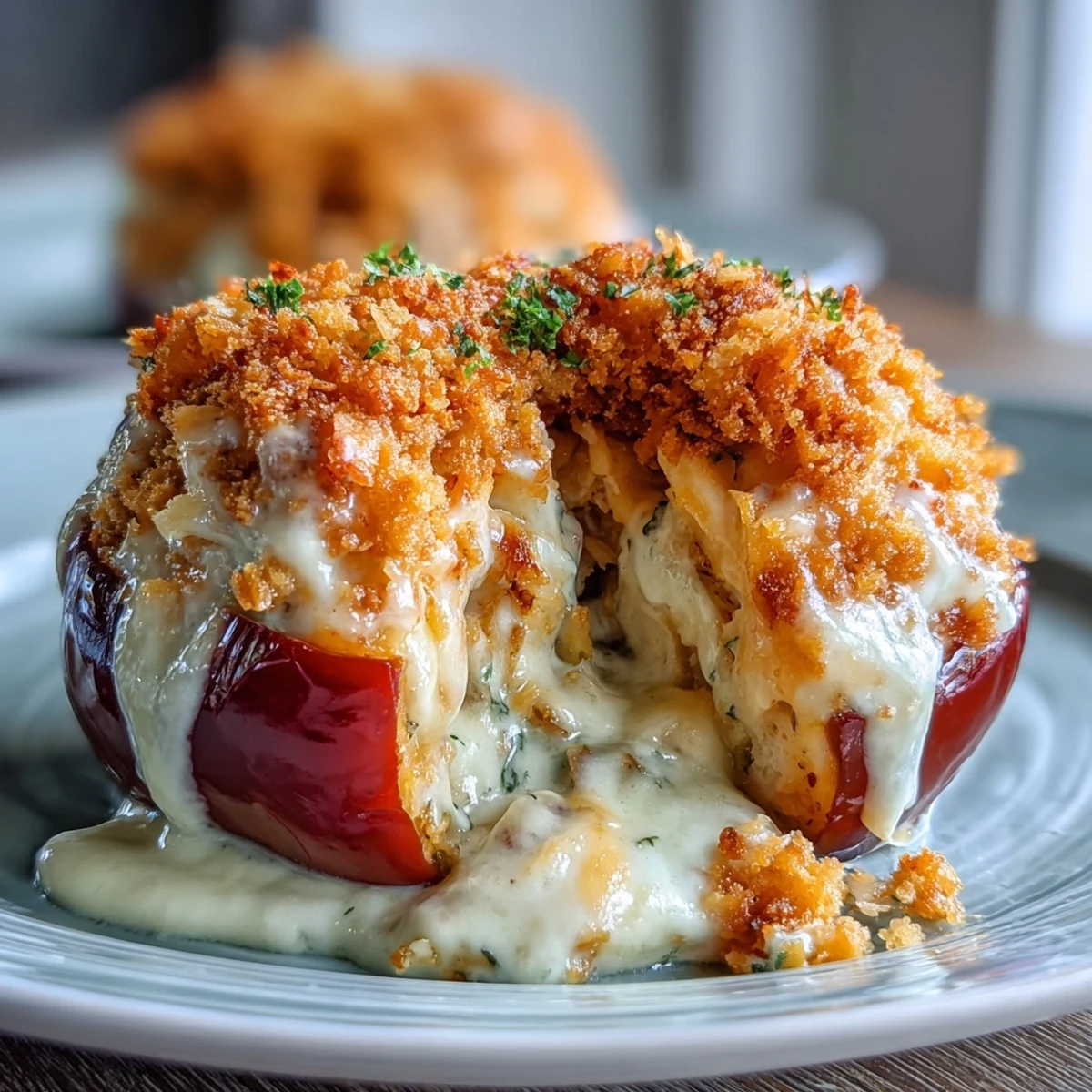 Hearty funeral potatoes stuffed inside colorful bell peppers, topped with crispy cornflake crust and melted cheese.