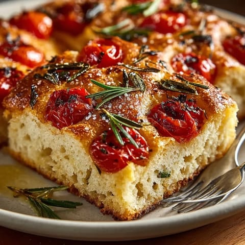 Enjoy this flavorful Rosemary Sea Salt Focaccia, perfect with cherry tomatoes and flaky sea salt.