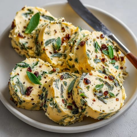 Golden Brown Butter Sage Compound Butter, swirled artfully, perfect to top hot crusty bread.