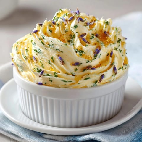 Creamy, homemade whipped honey butter with lavender, a delicious spread for scones and other baked goods.