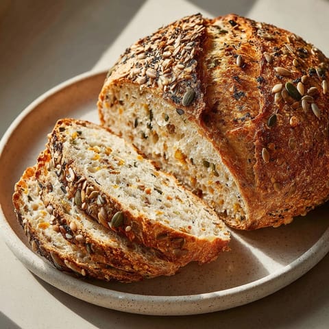 A close-up shows the textured crust of fresh baked rustic country sourdough, studded with seeds.