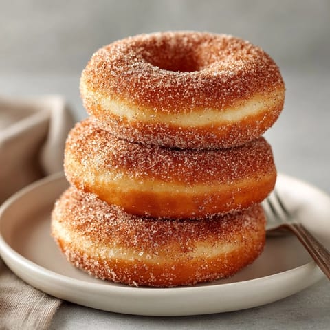 Freshly baked apple cider donuts, warm and inviting, with a perfect cinnamon sugar coating.