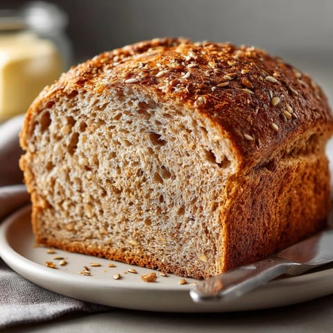 A beautifully sliced loaf of multigrain sandwich bread, showing the rustic texture and whole grains.