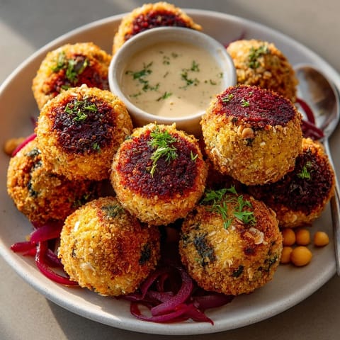 These earthy Dirty Beet Falafel Balls appear wonderfully textured, showing the delightful flavors within.