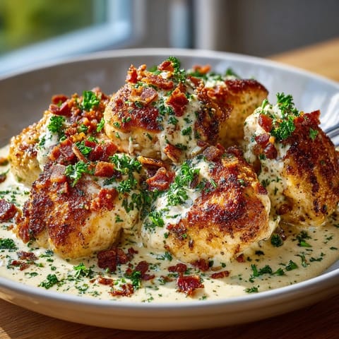 Sizzling Creamy Bacon Ranch Chicken, featuring tender chicken in rich ranch sauce, ready to eat.