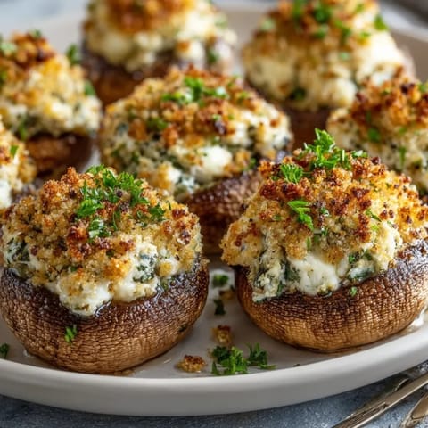 Close-up of baked stuffed cheese mushroom caps with crispy breadcrumb topping and fresh parsley garnish.