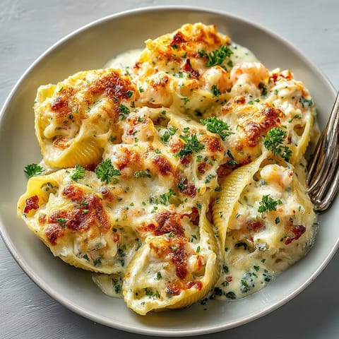 Creamy Shrimp Alfredo Stuffed Shells ready to serve, nestled in rich, homemade Alfredo sauce.