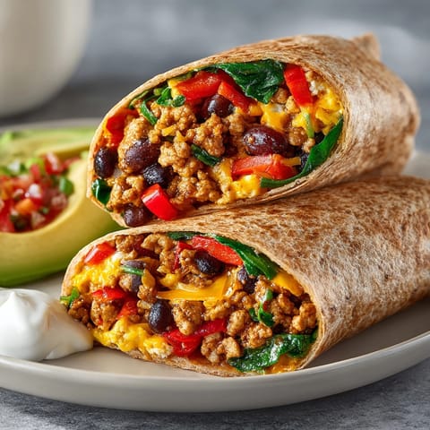 Close-up of a protein-packed breakfast burrito sliced in half, revealing melty cheddar and vibrant veggie filling