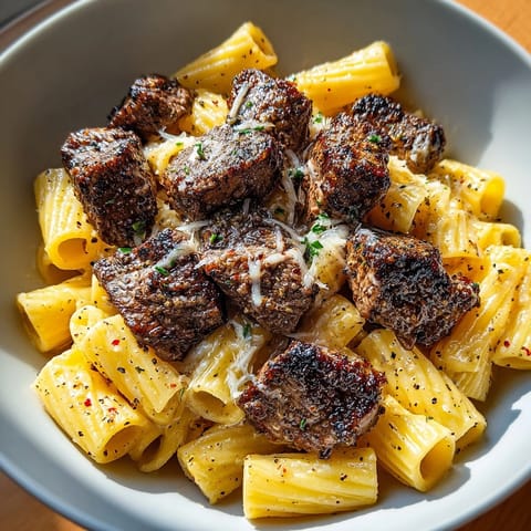 Creamy Cajun Steak Tips in Rigatoni Parmesan Sauce, garnished with fresh herbs and pepper.