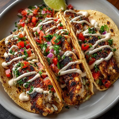 Grilled Fish Tacos with Spicy Mayo & Pico de Gallo topped with fresh lime and cilantro