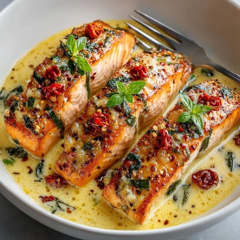 Close-up of Marry Me Salmon with golden crust, drizzled with rich, zesty tomato cream sauce.