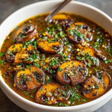 Close-up of rich, dark Vegan Mushroom Gravy ladled over fluffy mashed potatoes.