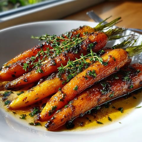 Golden Maple Balsamic Roasted Carrots with Thyme, ready to serve as a side dish.
