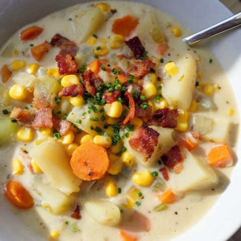 Close-up of homemade Corn Chowder, highlighting the golden corn kernels and smoky bacon.