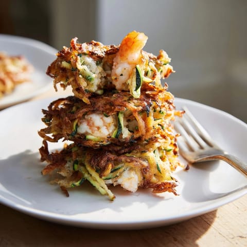 Lightly fried Shrimp &amp; Ricotta Zoodle Fritters, boasting creamy textures and subtle lemon zest.