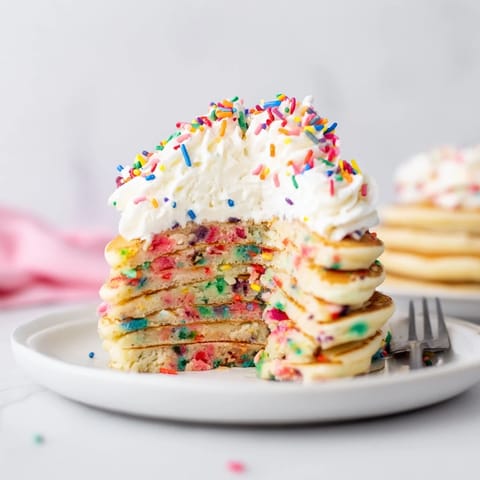 Fluffy Silly Cake Funfetti Pancake Stack served with creamy frosting and vibrant sprinkles.  