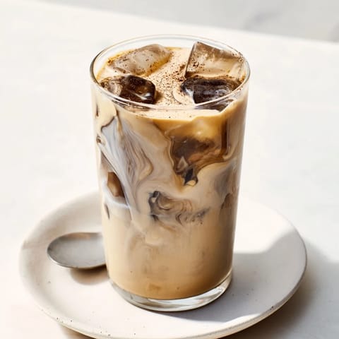 Refreshing vegan tahini iced coffee topped with plant-based milk and cocoa dusting.  