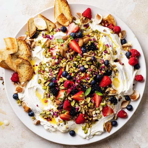 Creamy Butter Board Dessert featuring vibrant berries and crunchy nuts for indulgence.  