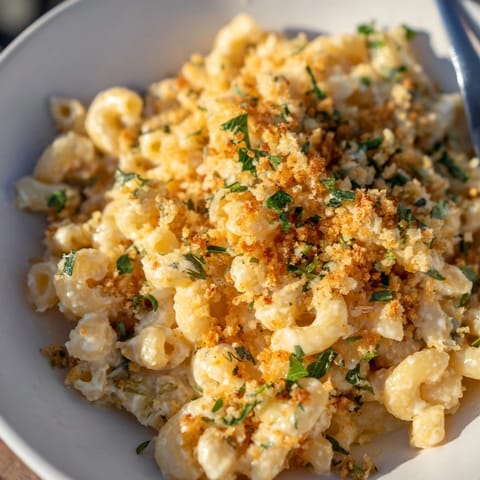 Decadent Truffle Macaroni & Cheese served warm, drizzled with aromatic oil.  
