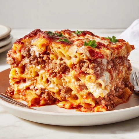 Baked Ziti with Meat Sauce topped with melted cheese, perfect for hearty family dinners.  