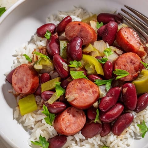 Delicious Red Beans & Rice served in a bowl, garnished with green onions.  