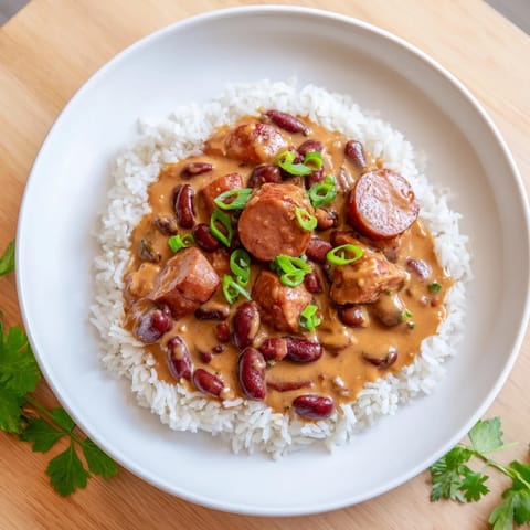 Hearty Red Beans & Rice with bits of sausage, vegetables, and creamy beans, ready to eat.
