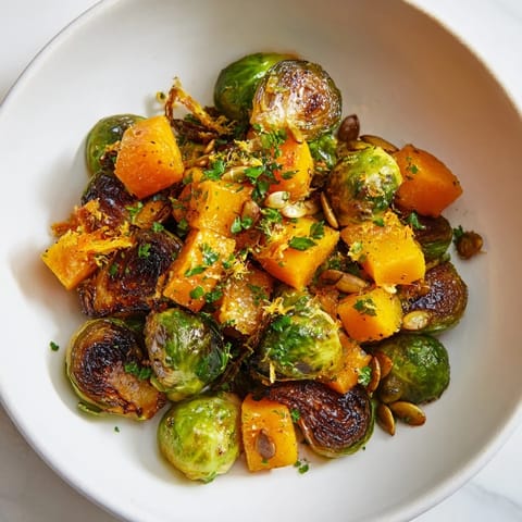 This delicious Roasted Brussels Sprouts & Butternut Squash displays perfectly roasted vegetables, ready to serve with toasted pumpkin seeds.