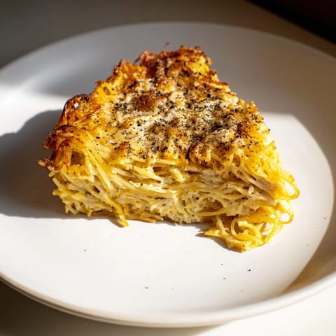 Imagine layers of crispy spaghetti in this rich Cacio e Pepe Pasta Pie with a perfect crust.