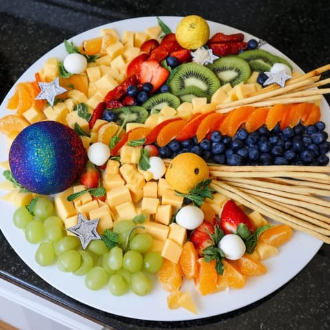 Vibrant Comet & Planet Grazing Tray: an inviting party appetizer with colorful fruits and cheeses.