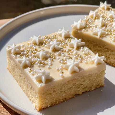 Golden-brown Twinkle Twinkle Star Dessert Bars, frosted with creamy vanilla and sprinkled with stars.