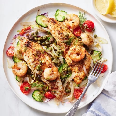 This Plongeons dans l'Océan Poisson Bleu shows a vibrant platter with blue fish and shrimp, bursting with flavor.