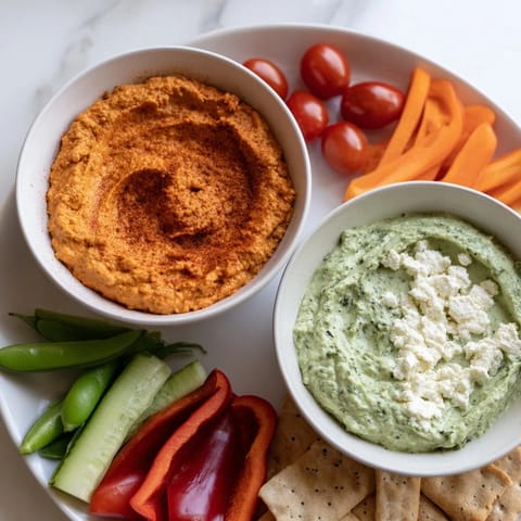 Festive Dip: A beautiful holiday board showcases creamy red pepper dip and vibrant green goddess dip with colorful dippers.