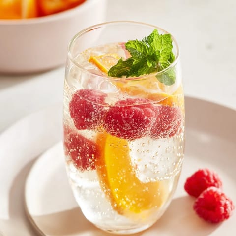 Refreshing sparkling juice with raspberries: ruby red berries floating in effervescent, clear drink.