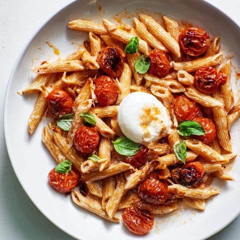 Golden-brown Boursin Cheese Pasta with roasted cherry tomatoes, ready to serve, adorned with fresh basil.