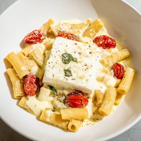 A close-up of a cheesy, creamy Four-Cheese Baked Block Pasta, a perfect vegetarian Italian-American comfort food.