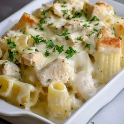 A close-up of cheesy Chicken Alfredo Bake, showing creamy sauce and tender chicken.