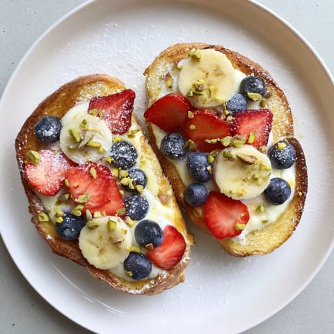 A close-up of baked yogurt toast featuring a vibrant mix of fresh fruit and dusted sugar.