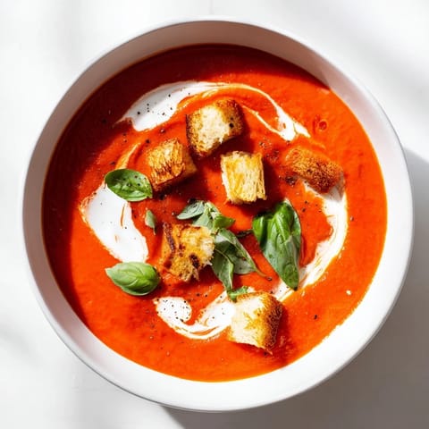 A steaming bowl of Creamy Roasted Garlic Tomato Soup, garnished with croutons, looks utterly delicious.