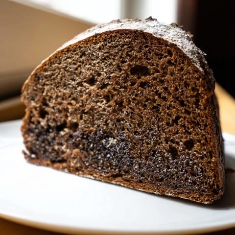 A deep, dark loaf of Latvian Rupjmaize, aromatic with rye, just out of the oven, ideal for toasting.