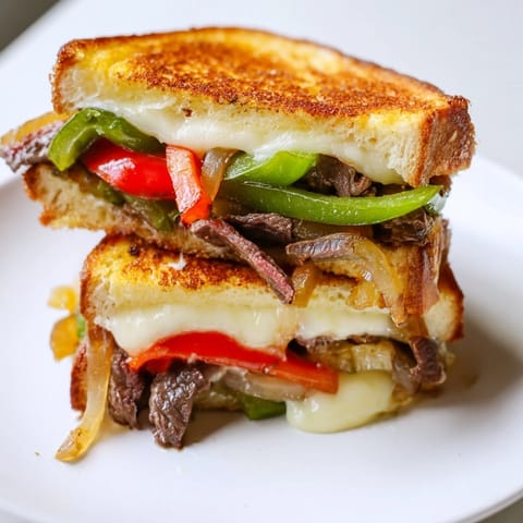 A close-up of a toasted Philly Cheesesteak Grilled Cheese, showcasing juicy steak strips, onions, and peppers tucked inside the crispy crust.